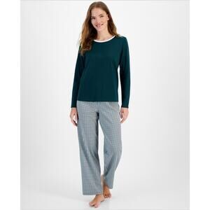 Charter Club Women's 2-Pc. Long-Sleeve Pajamas Set, - Gingham Check Green XXL